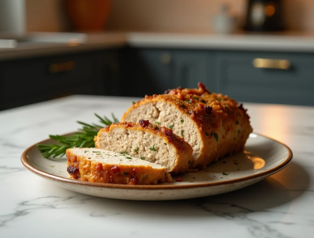 Golden brown Parmesan chicken meatloaf with melted mozzarella topping