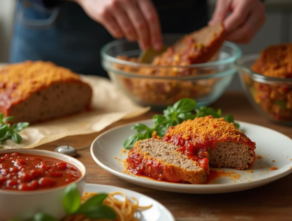 Golden brown Parmesan chicken meatloaf with melted mozzarella topping