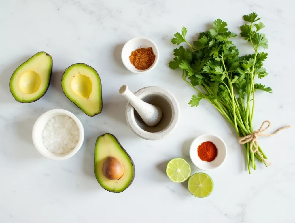 Homemade guacamole seasoning mix in a small bowl with avocados, lime, and spices on a marble table
