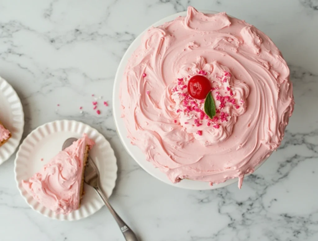 Slice of pink Flamingo Cake with cherry topping on marble counter