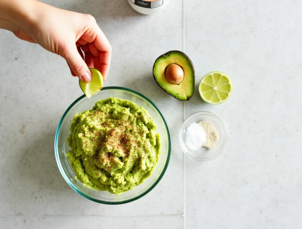 Homemade guacamole seasoning mix in a small bowl with avocados, lime, and spices on a marble table