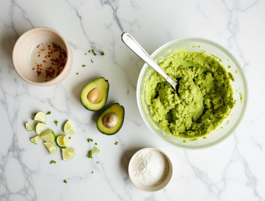 Homemade guacamole seasoning mix in a small bowl with avocados, lime, and spices on a marble table