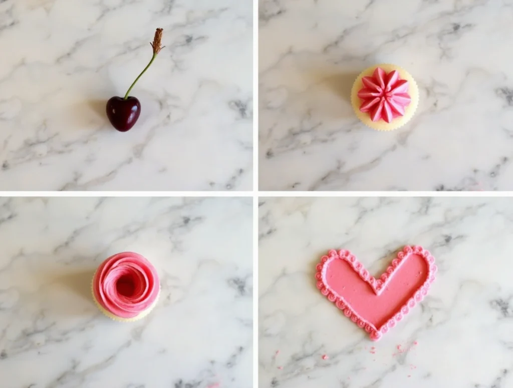Slice of pink Flamingo Cake with cherry topping on marble counter