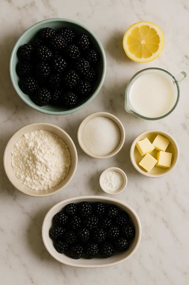 Warm Sweet Blackberry Cobbler Magic Ingredients on Marble Counter
