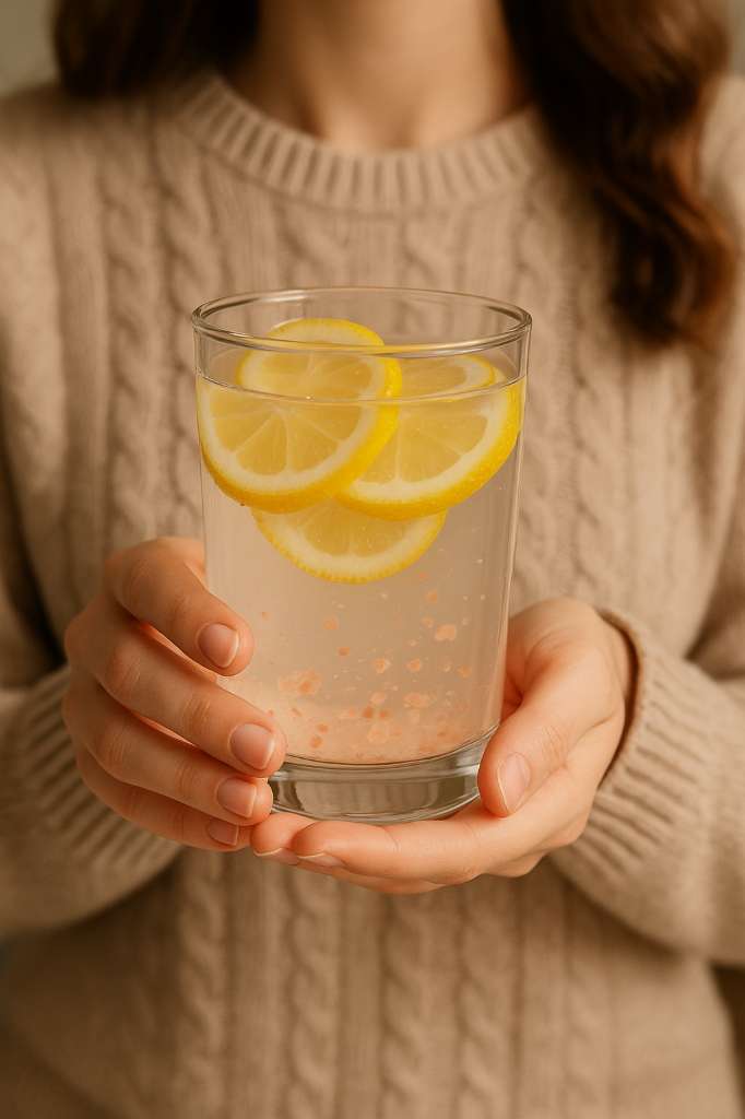 A woman's hands holding a glass of pink salt lemon water with honey and ginger on a white countertop