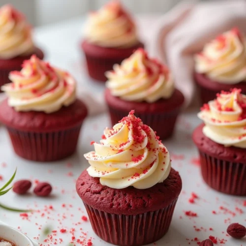 Close-up of red velvet crush cupcakes with cream cheese swirl, freshly baked and cooling on a wire rack