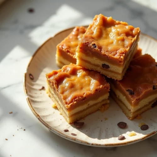 Freshly baked cake mix toffee bars with melted chocolate and crunchy toffee topping in a 9x13 pan