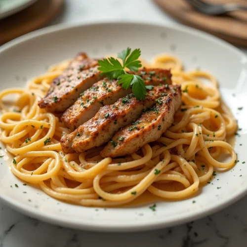 Cajun chicken pasta served over creamy Parmesan linguine, garnished with parsley