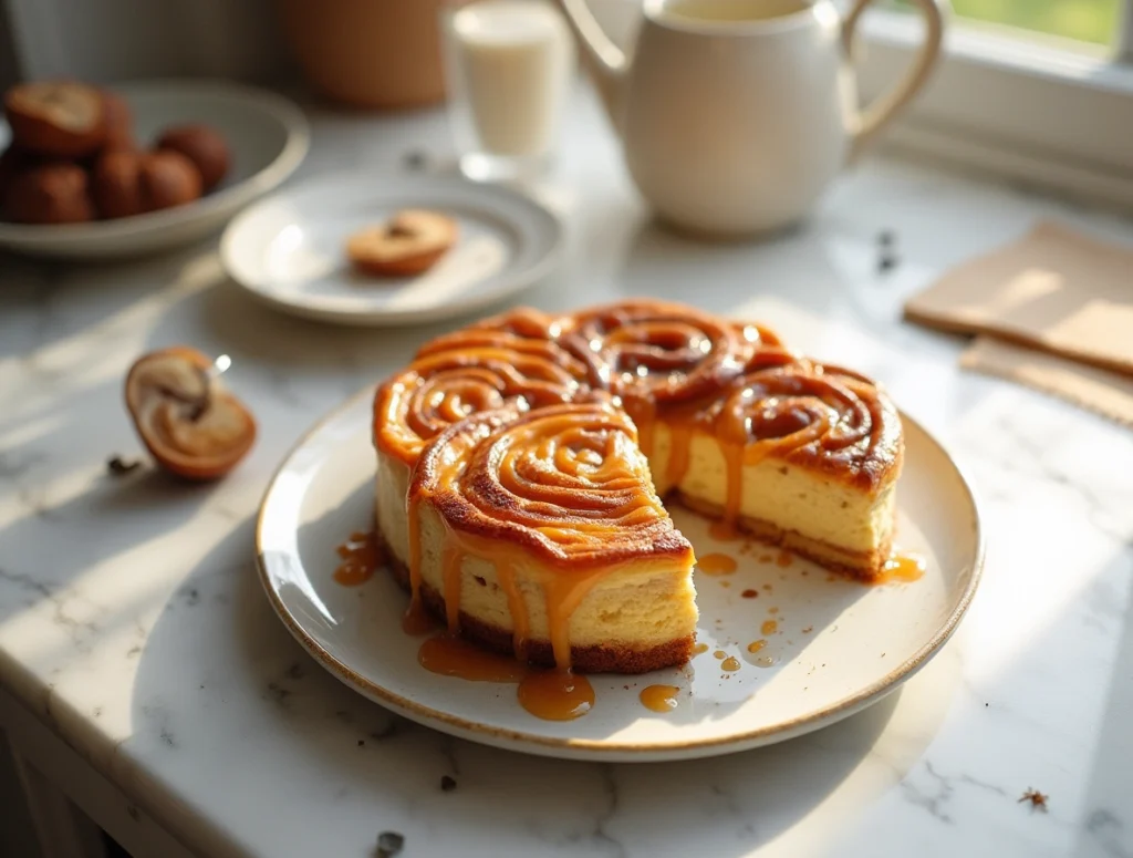 Cinnamon Roll Honeybun Cheesecake served on a marble table with cinnamon glaze