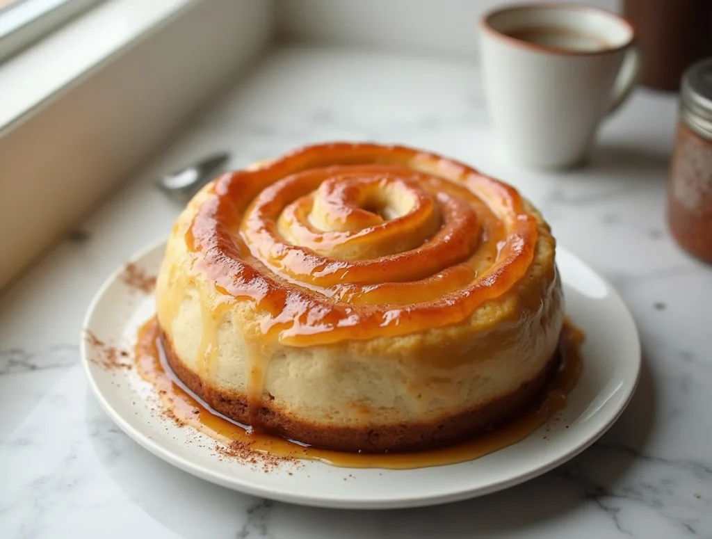 Cinnamon Roll Honeybun Cheesecake served on a marble table with cinnamon glaze