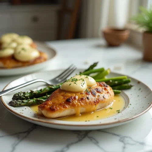 Golden-baked honey mustard chicken served with cheesy roasted asparagus on a white plate