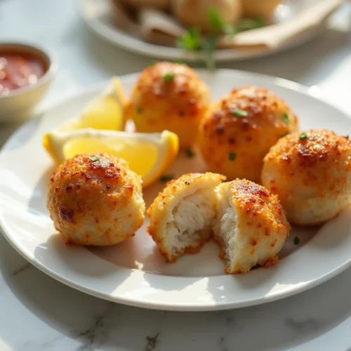 Golden baked crab bombs made with jumbo lump crab meat, served with lemon wedges