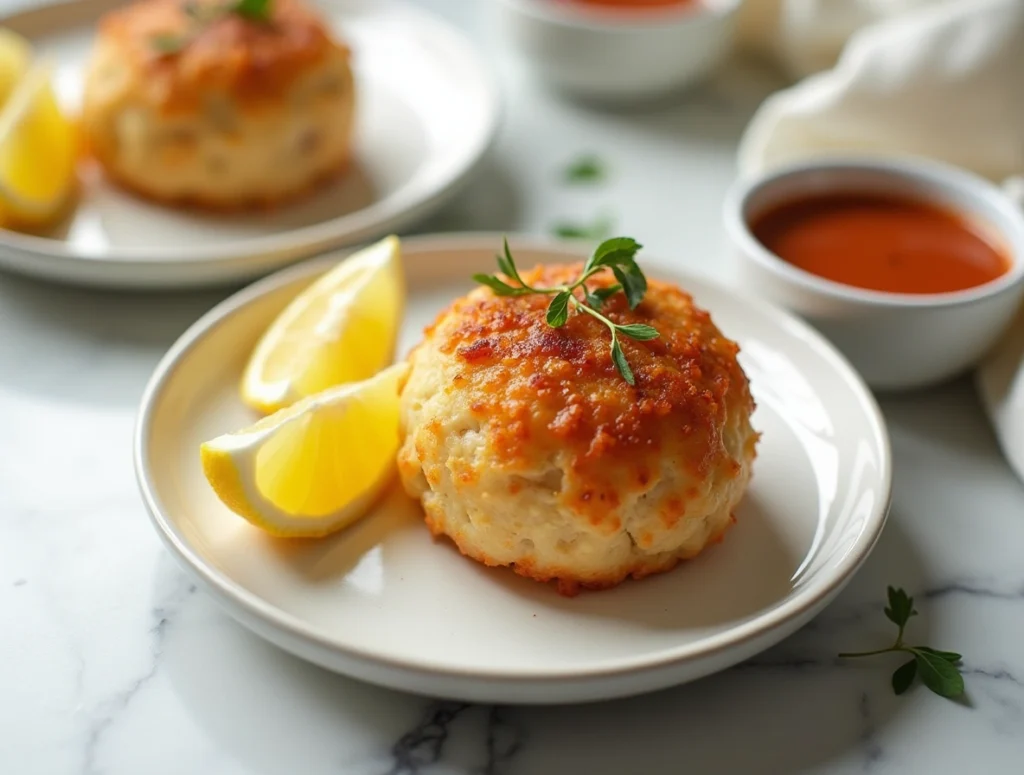 Golden baked crab bombs made with jumbo lump crab meat, served with lemon wedges