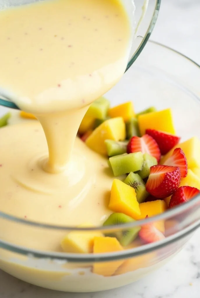 Close-up of Hawaiian Cheesecake Salad in a glass bowl with fresh tropical fruits