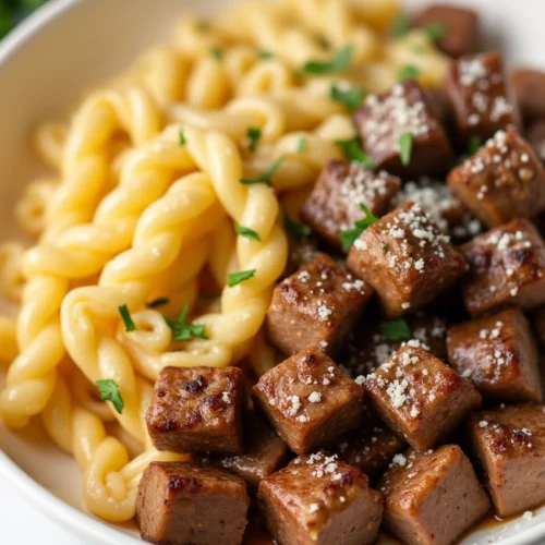 Garlic butter steak bites served over creamy spicy Cajun Alfredo twisted pasta in a white ceramic bowl with fresh parsley on top