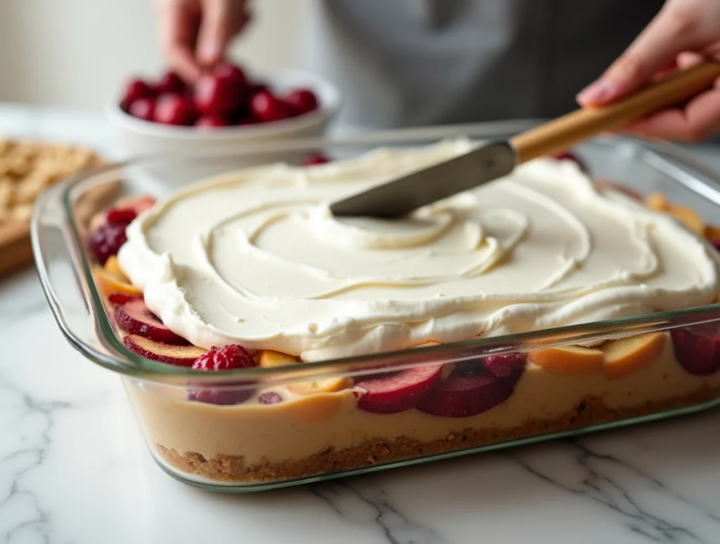 Slice of no-bake banana split cheesecake topped with cherries, chocolate syrup, and whipped cream