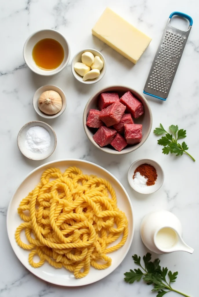 Garlic butter steak bites served over creamy spicy Cajun Alfredo twisted pasta in a white ceramic bowl with fresh parsley on top