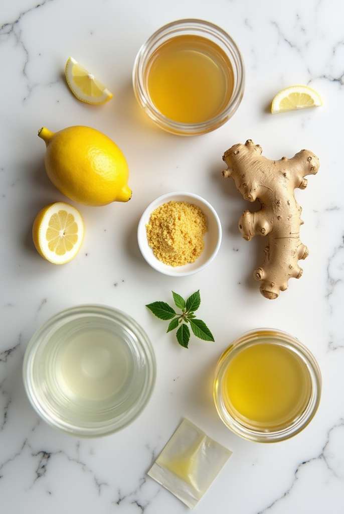 Close-up of Natural Mounjaro Tea in a clear glass mug with lemon and ginger beside it