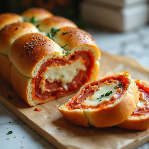Golden-baked cheesy garbage bread stuffed with chicken sausage, pepperoni, and melty mozzarella, served with marinara sauce