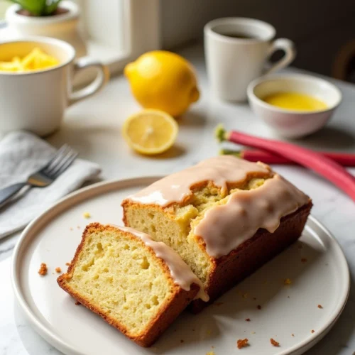 Freshly baked lemon rhubarb loaf with lemon glaze on a white plate, sliced and ready to serve