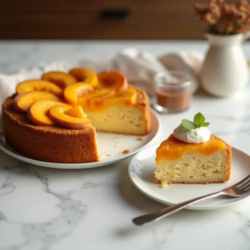 Peach cake topped with fresh slices and whipped cream on a marble table