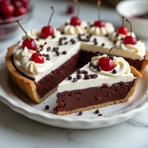 A slice of chocolate cherry pie with whipped topping, mini chocolate chips, and maraschino cherry garnish on a white plate.