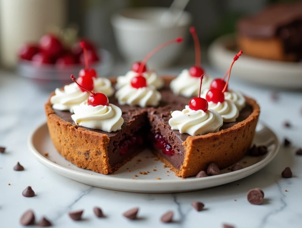 A slice of chocolate cherry pie with whipped topping, mini chocolate chips, and maraschino cherry garnish on a white plate.
