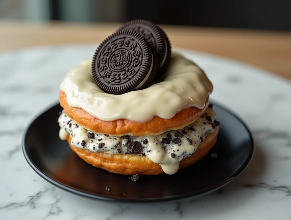 Close-up of an Oreo cheesecake stuffed donut burger with white chocolate drizzle and whole Oreo on top
