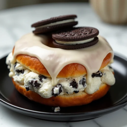 Close-up of an Oreo cheesecake stuffed donut burger with white chocolate drizzle and whole Oreo on top