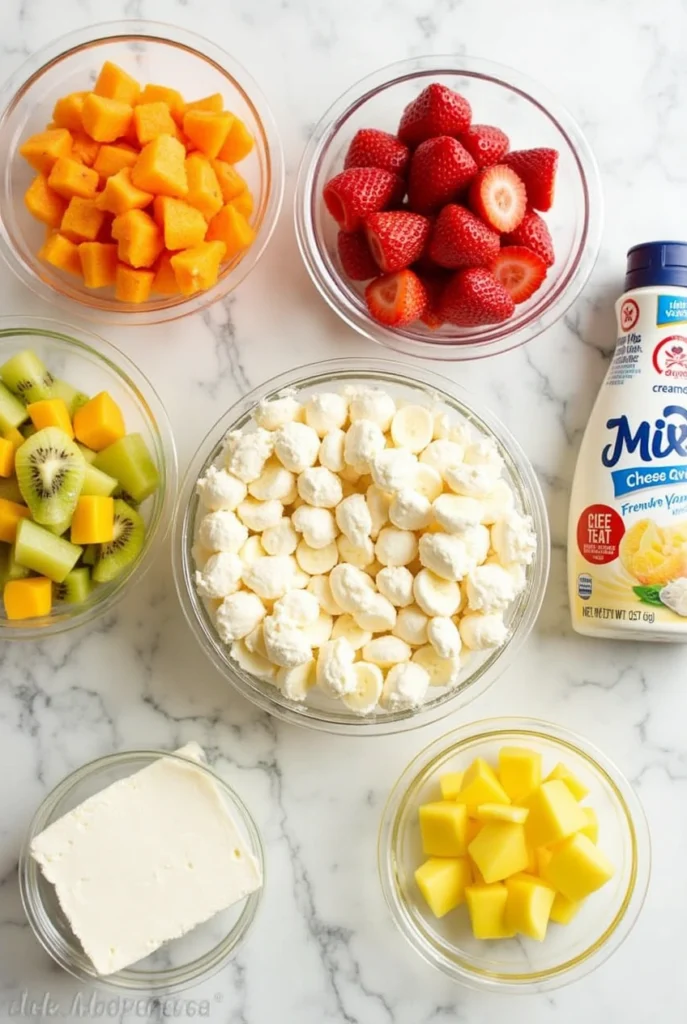Close-up of Hawaiian Cheesecake Salad in a glass bowl with fresh tropical fruits