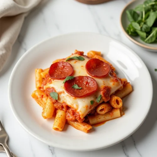 Cheesy Meat Lovers Pizza Casserole baked in a 9x13 dish with pepperoni and golden mozzarella