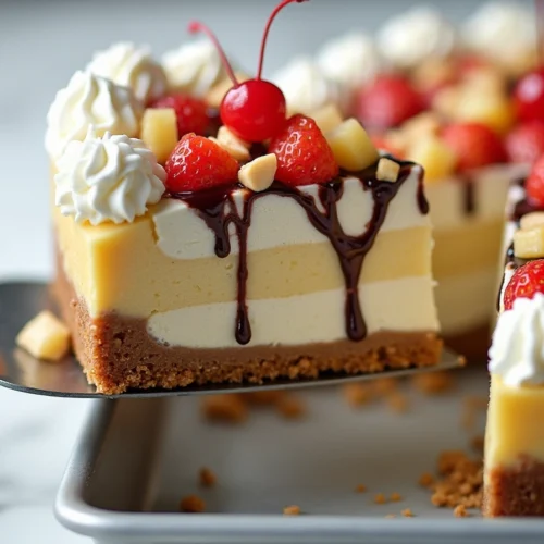 Slice of no-bake banana split cheesecake topped with cherries, chocolate syrup, and whipped cream