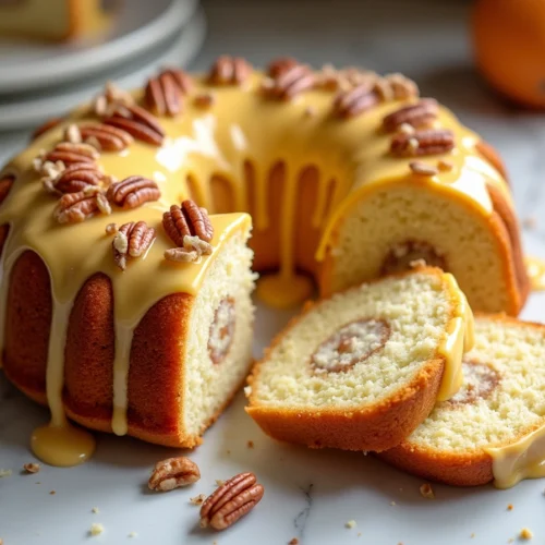Slice of Pineapple Pecan Cream Cheese Pound Cake topped with pineapple glaze and chopped pecans on a white plate