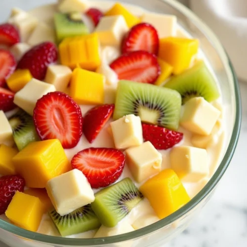 Close-up of Hawaiian Cheesecake Salad in a glass bowl with fresh tropical fruits