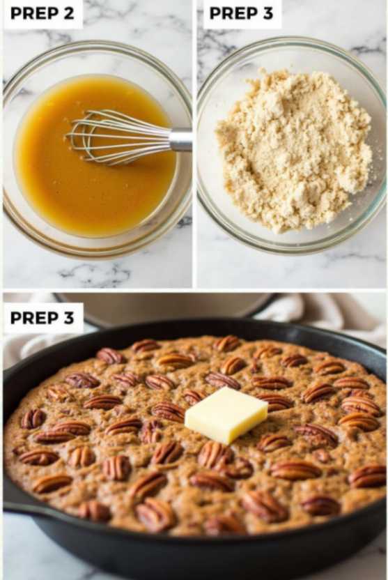 Close-up of pecan pie dump cake with vanilla ice cream served in white bowls