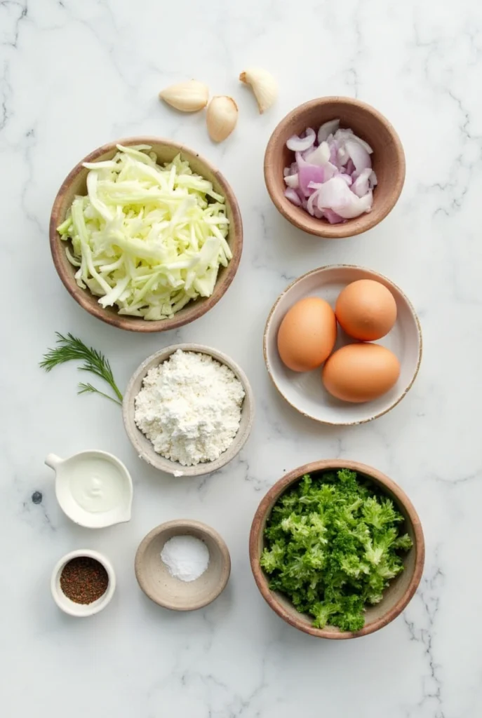 Golden cabbage fritters with creamy yogurt sauce on a rustic plate