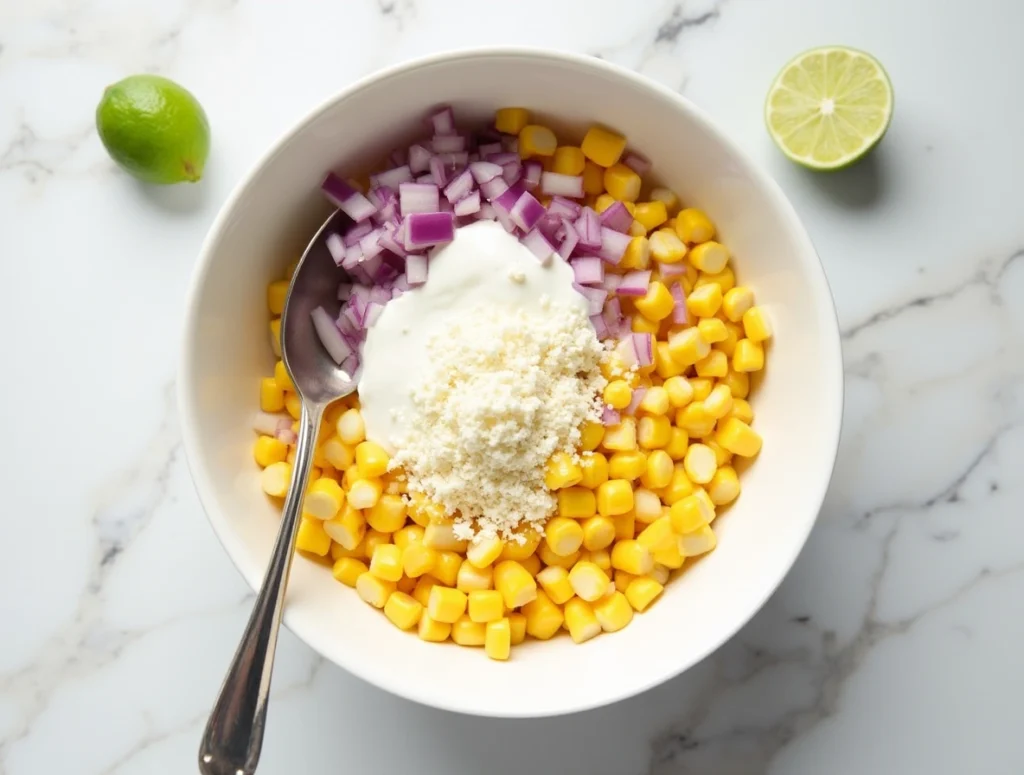 Street Corn Chicken Rice Bowl with grilled corn, sliced chicken thighs, and creamy cotija topping in a white bowl