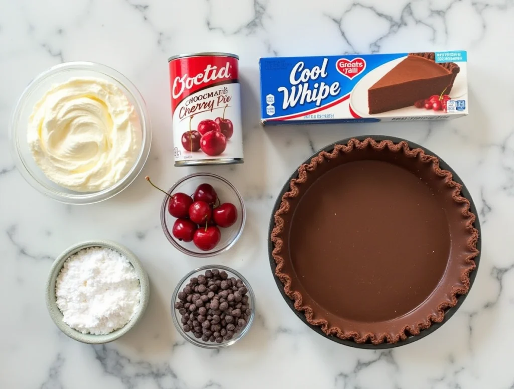 A slice of chocolate cherry pie with whipped topping, mini chocolate chips, and maraschino cherry garnish on a white plate.