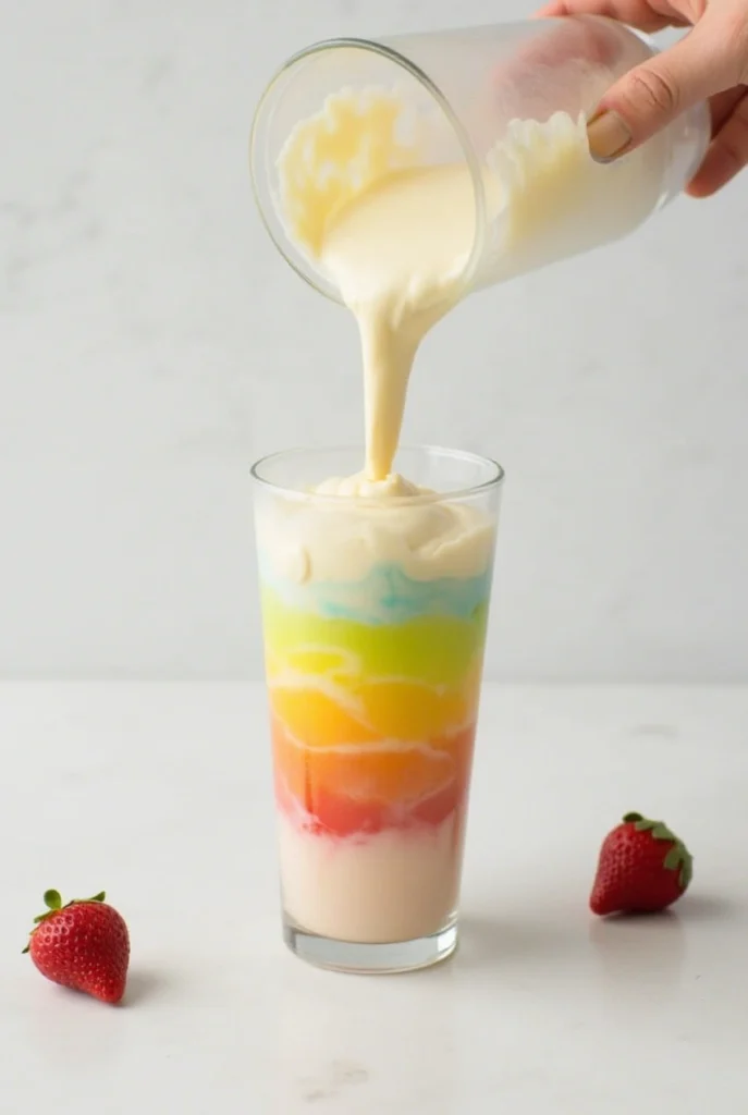 Rainbow Sherbet Piña Colada in a tall glass with pineapple and cherry