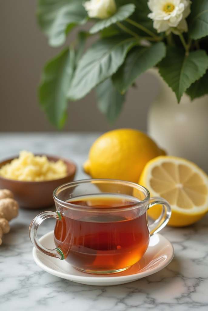 Close-up of Natural Mounjaro Tea in a clear glass mug with lemon and ginger beside it