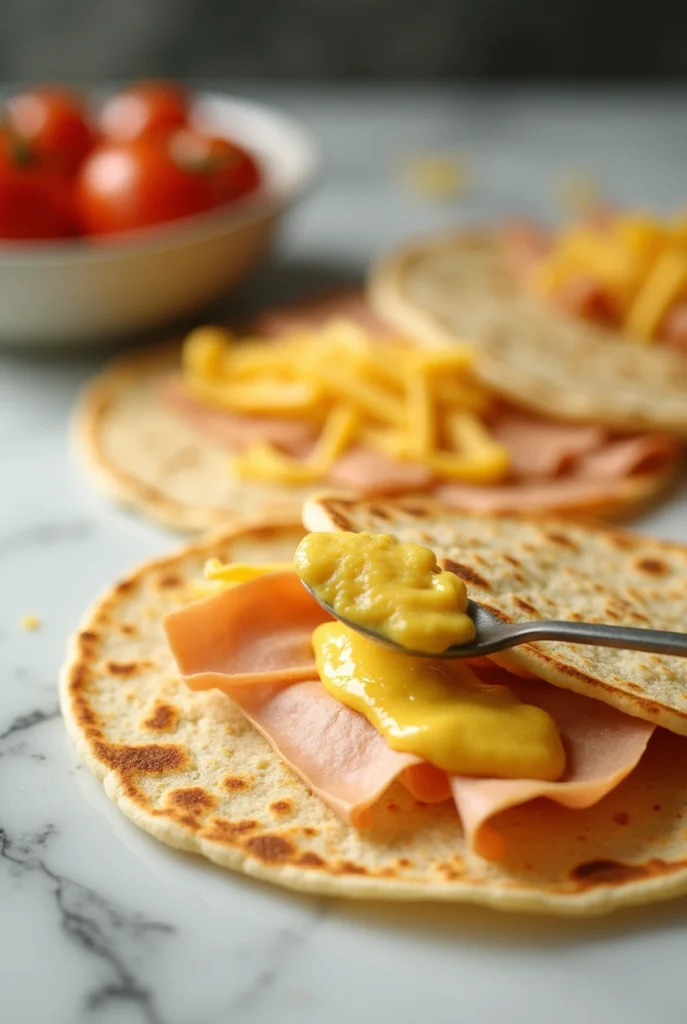 Sliced air fryer chicken ham and cheese wraps stacked on a plate with melted cheese oozing out