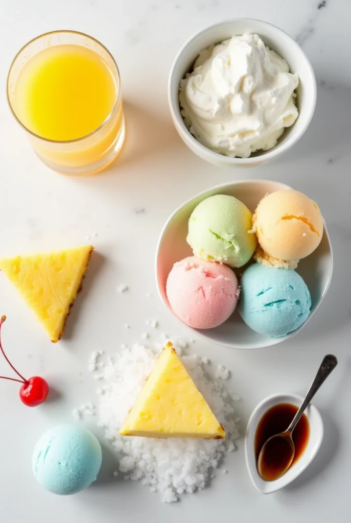 Rainbow Sherbet Piña Colada in a tall glass with pineapple and cherry