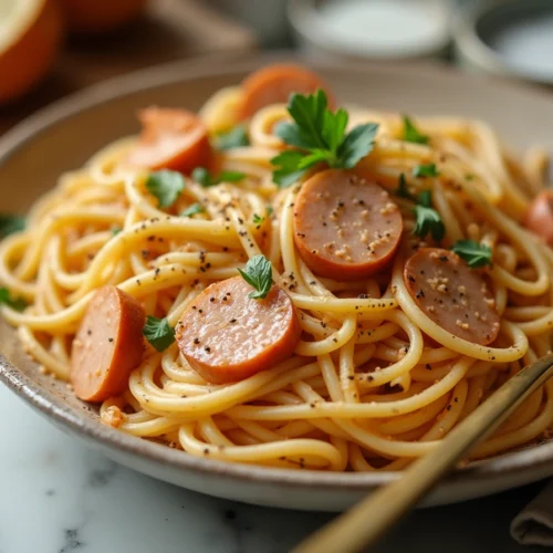 Spaghetti with creamy pepper sauce, chicken chorizo slices, and shrimp, topped with parsley and cracked black pepper