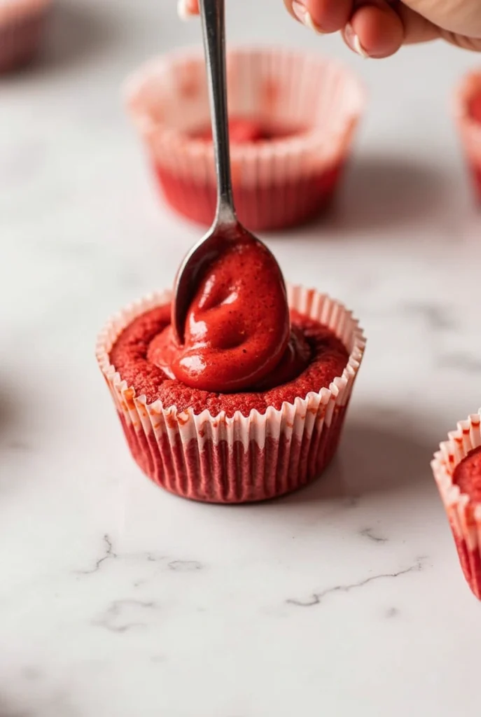 Close-up of red velvet crush cupcakes with cream cheese swirl, freshly baked and cooling on a wire rack