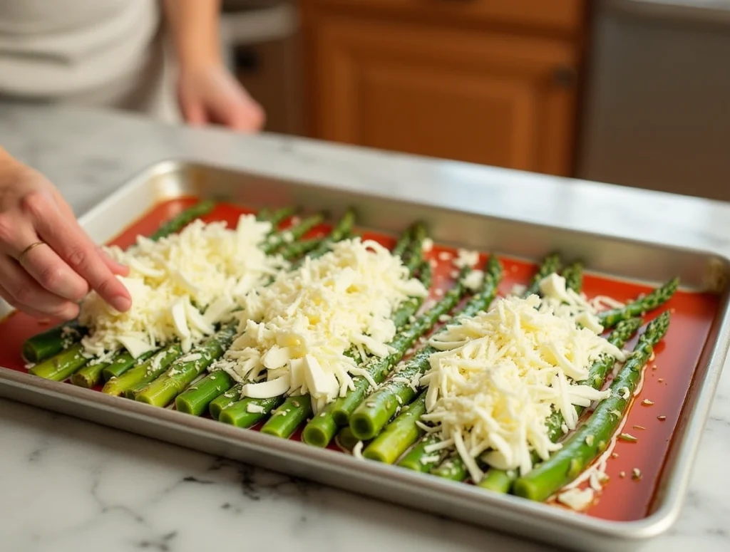 Golden-baked honey mustard chicken served with cheesy roasted asparagus on a white plate
