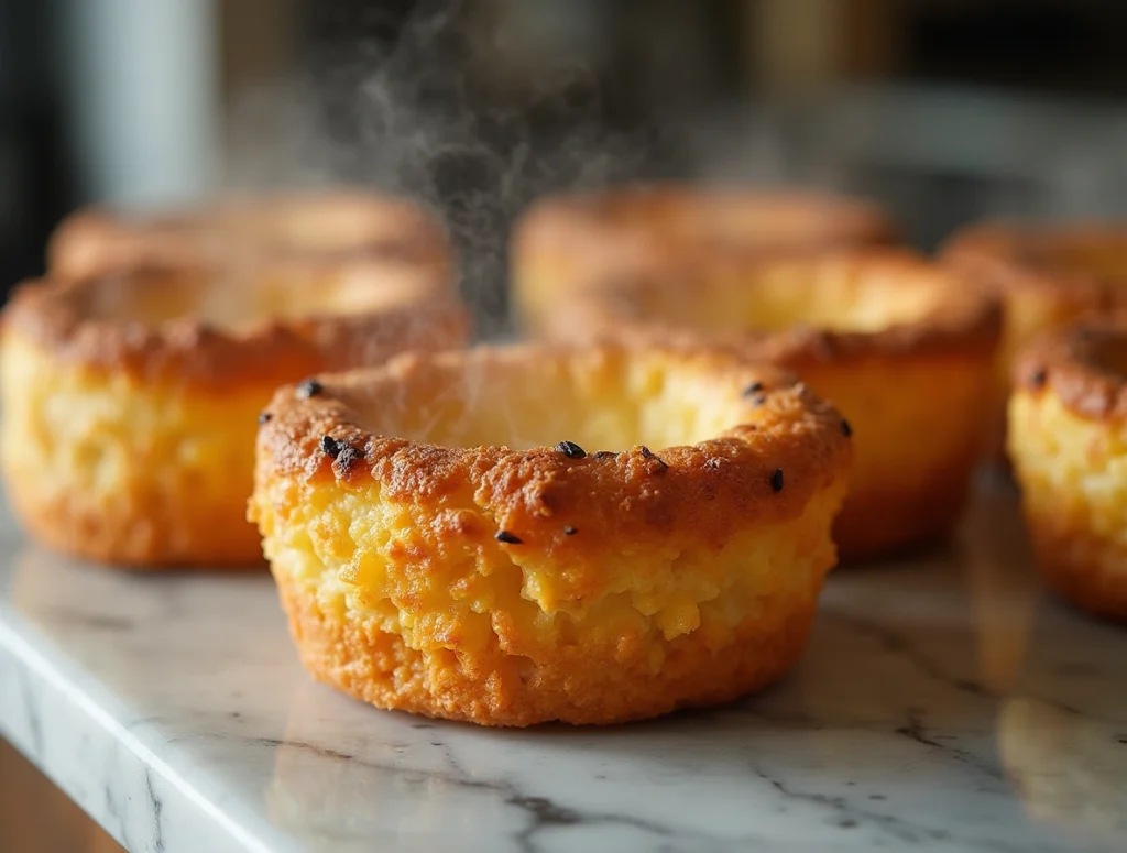 Crispy stuffed mashed potato nests filled with bacon, eggs, and cheese in a muffin tin