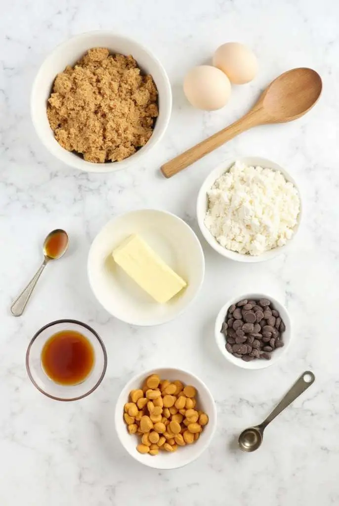 Butterscotch Toffee Cookie Bars in a white baking dish with gooey center and butterscotch chips on a marble countertop