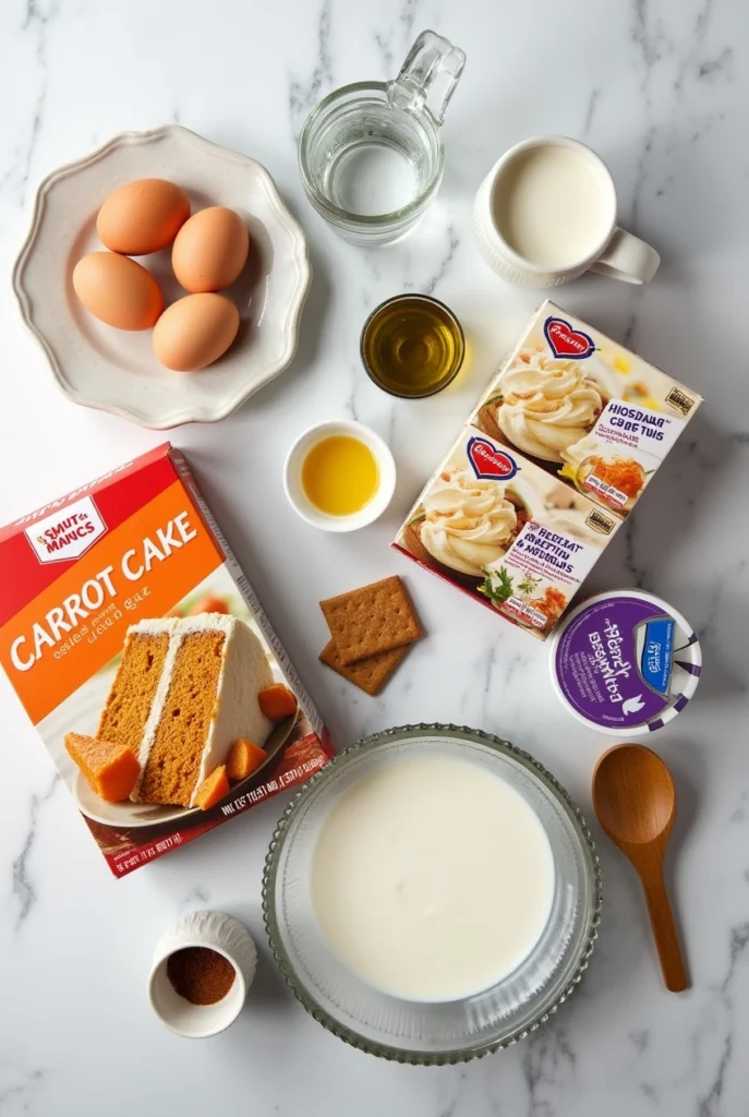 Moist carrot cake poke cake topped with cheesecake pudding and whipped topping in a glass baking dish