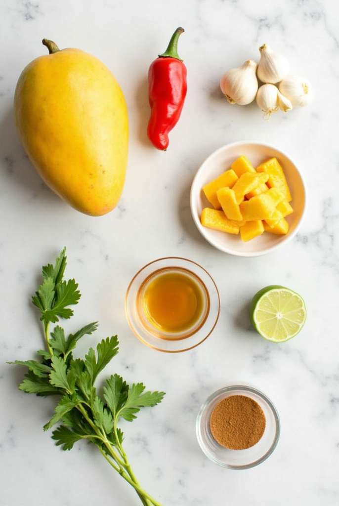 A bowl of mango habanero honey garlic sauce surrounded by fresh mango, garlic cloves, and habanero peppers.