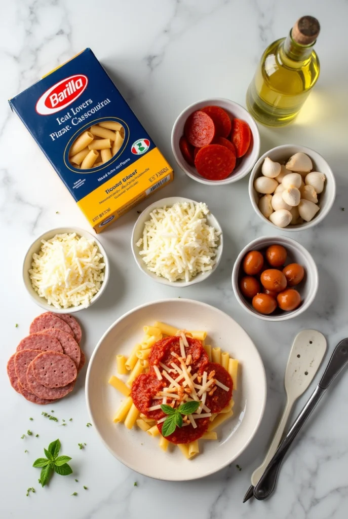 Cheesy Meat Lovers Pizza Casserole baked in a 9x13 dish with pepperoni and golden mozzarella
